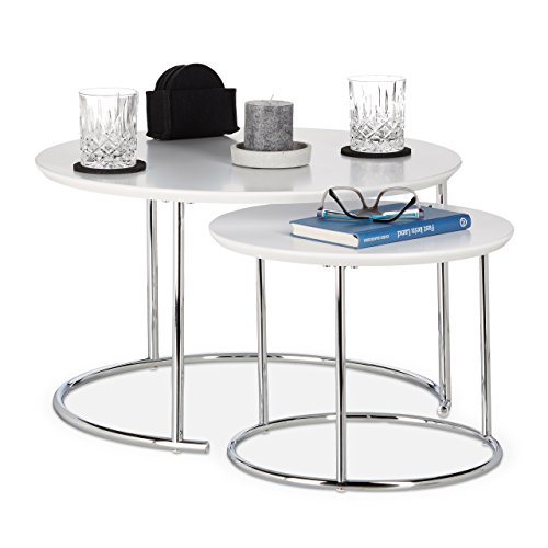 Relaxdays-Table-Gigogne-Set-de-2-Table-de-Salon-Petite-Ronde-Mate-Table-Basse-Bois-Mtal-Chrom-60x60-cm-Blanc-0
