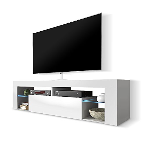 Hestia-Meuble-TV-140-cm-Blanc-Mat-Fronts-Blanc-Brillant-avec-lclairage-LED-0-1