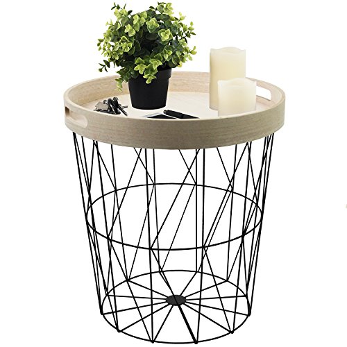 Table-dappoint-ronde--40-cm-x-H-45-cm-panier-mtallique-noir-avec-plateau-de-service-table--plateau-table-basse--panier-de-rangement-0