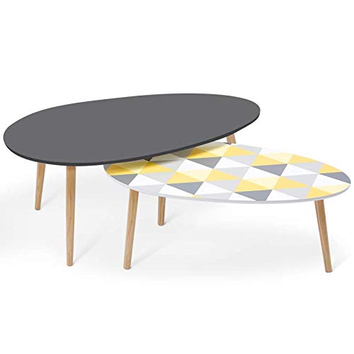 IDMarket-Lot-de-2-Tables-Basses-gigognes-laques-Gris-Motifs-Blanc-Jaune-Gris-0