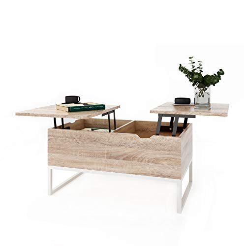 Table-Basse-Relevable-avec-2-Compartiments-Table-Dappoint-Relevable-avec-Espace-de-Rangement-et-tagre-Table-Basse-Design-Fonctionnel-Rglable-en-Hauteur-Table-Basse-de-Salon-0