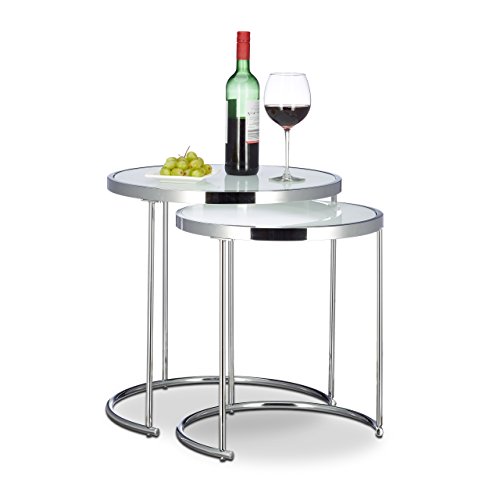 Relaxdays-Tables-gigognes-Rondes-Cadre-chrom-Lot-de-2-Design-Moderne-en-Verre-givr-Table-dappoint-dextrmit-des-Tables-en-MTAL-Argent-0