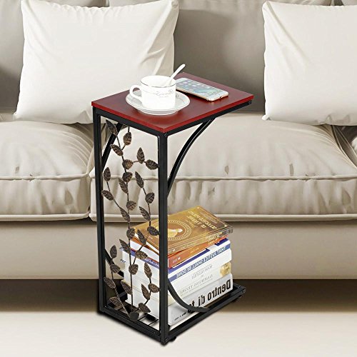 Yaheetech-Lot-de-2-Table-dappoint-Bout-de-Canap-Motif-de-Feuille-Table-Basse--Caf-Design-Table-de-Nuit-Cadre-Mtallique-0-0