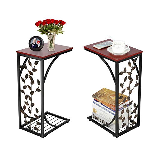 Yaheetech-Lot-de-2-Table-dappoint-Bout-de-Canap-Motif-de-Feuille-Table-Basse--Caf-Design-Table-de-Nuit-Cadre-Mtallique-0