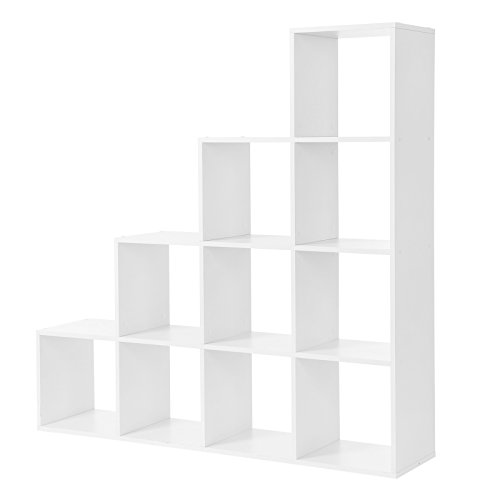 VASAGLE-LBC10WTV1-Tagre-escalier-Meuble-de-rangement-10-Compartiments-pour-bibliothque-salon-chambre-Blanc-0