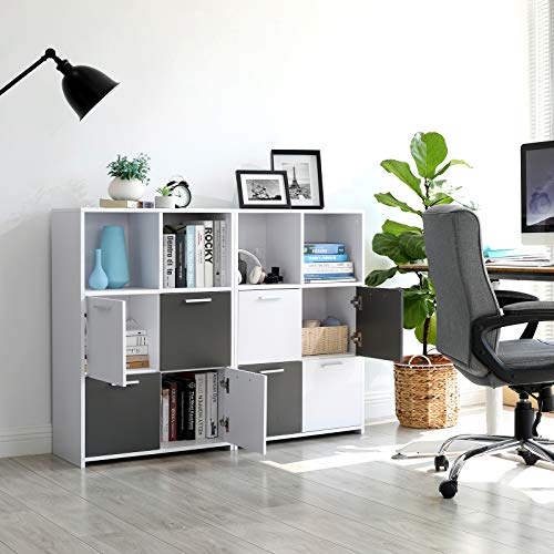 VASAGLE-Bibliothque-Meuble-de-Rangement-avec-6-Compartiments-4-Portes-Style-Moderne-Blanc-et-Gris-LBC28WG-0-1