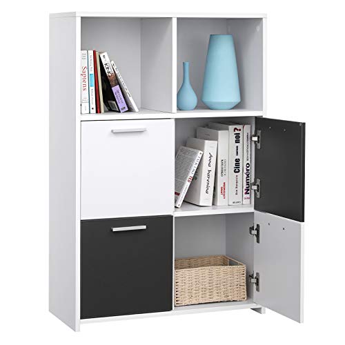 VASAGLE-Bibliothque-Meuble-de-Rangement-avec-6-Compartiments-4-Portes-Style-Moderne-Blanc-et-Gris-LBC28WG-0-2