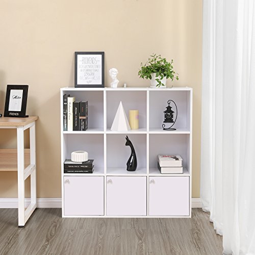 VASAGLE-Bibliothque-en-Bois-tagre-de-Rangement-pour-Livres-DVDs-Colonne-de-Rangement-Armoire--tagres-Bureau-Maison-3-placards-infrieurs-Couleur-Blanche-LBC33WT-0-1