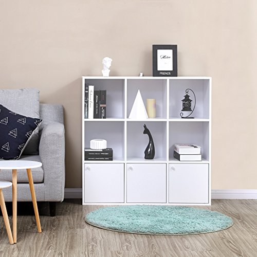 VASAGLE-Bibliothque-en-Bois-tagre-de-Rangement-pour-Livres-DVDs-Colonne-de-Rangement-Armoire--tagres-Bureau-Maison-3-placards-infrieurs-Couleur-Blanche-LBC33WT-0-2