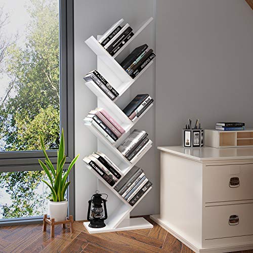 Meerveil-Etagres-de-Rangement-Bibliothque-Arbre-en-Bois-Etagres-de-Rangement-Support-de-CDAlbulm-Etagres--9-Niveaux-en-Forme-darbre-Porte-revues-Style-Simple-pour-Salon-Blanc-0-0