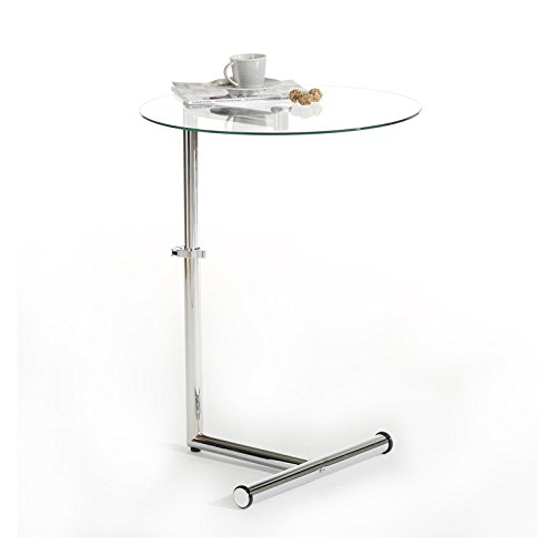 IDIMEX-Table-dappoint-Leonie-Bout-de-canap-Rond-Table--caf-Table-Basse-avec-Hauteur-rglable-Structure-en-mtal-chrom-et-Plateau-en-Verre-tremp-Transparent-0