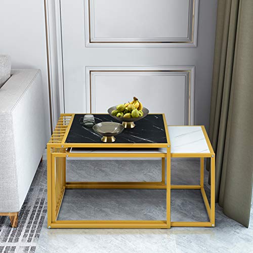Costway-Lot-de-2-Tables-Basses-Gigognes-Scandinave-Moderne-Surface-en-Marbre-Artificiel-Raliste-Structure-en-Mtal-Design-Combinaison-Libre-0-1