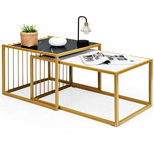 Costway-Lot-de-2-Tables-Basses-Gigognes-Scandinave-Moderne-Surface-en-Marbre-Artificiel-Raliste-Structure-en-Mtal-Design-Combinaison-Libre-0