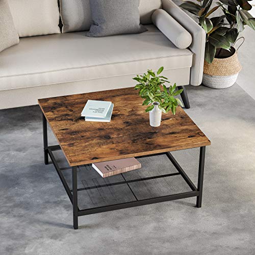 VASAGLE-Table-Basse-Table-de-Salon-Grand-Dessus-de-Table-carr-Cadre-en-Acier-Robuste-avec-tagre-en-Maille-Style-Industriel-pour-Salon-Marron-Rustique-et-Noir-LCT065B01-0-0