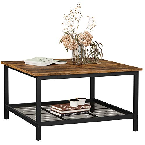 VASAGLE-Table-Basse-Table-de-Salon-Grand-Dessus-de-Table-carr-Cadre-en-Acier-Robuste-avec-tagre-en-Maille-Style-Industriel-pour-Salon-Marron-Rustique-et-Noir-LCT065B01-0-1