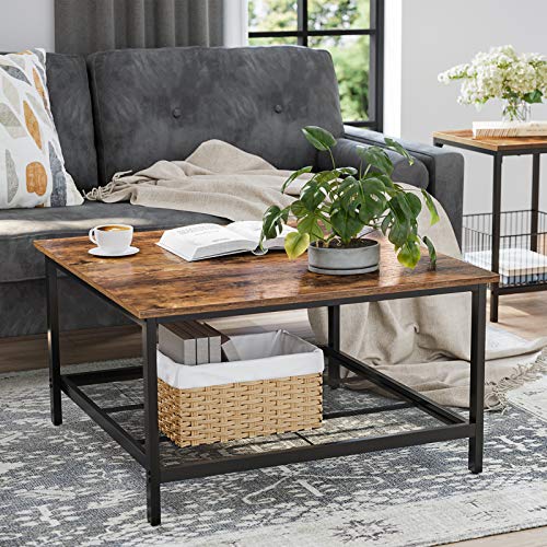 VASAGLE-Table-Basse-Table-de-Salon-Grand-Dessus-de-Table-carr-Cadre-en-Acier-Robuste-avec-tagre-en-Maille-Style-Industriel-pour-Salon-Marron-Rustique-et-Noir-LCT065B01-0-2