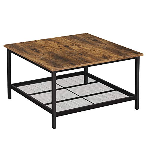 VASAGLE-Table-Basse-Table-de-Salon-Grand-Dessus-de-Table-carr-Cadre-en-Acier-Robuste-avec-tagre-en-Maille-Style-Industriel-pour-Salon-Marron-Rustique-et-Noir-LCT065B01-0