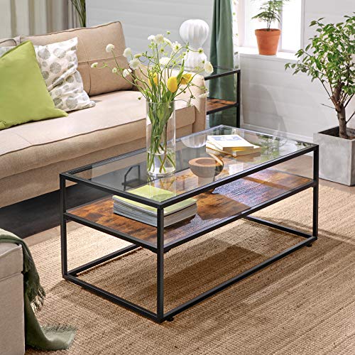 VASAGLE-Table-Basse-avec-Dessus-de-Table-en-Verre-Table-de-Salon-Cadre-en-Acier-Stable-dcoration-de-Salon-Style-Industriel-Marron-Rustique-et-Noir-LCT30BX-0-2