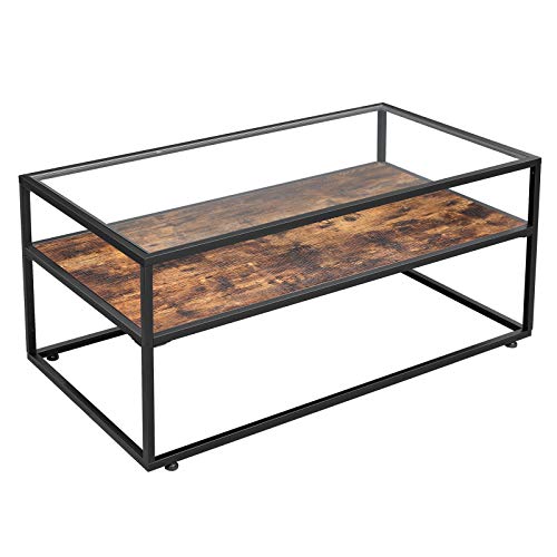 VASAGLE-Table-Basse-avec-Dessus-de-Table-en-Verre-Table-de-Salon-Cadre-en-Acier-Stable-dcoration-de-Salon-Style-Industriel-Marron-Rustique-et-Noir-LCT30BX-0