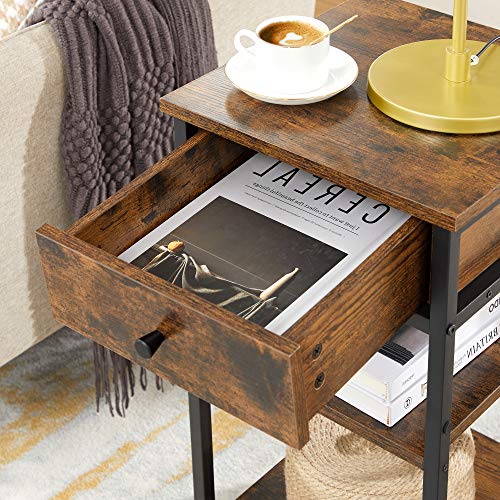VASAGLE-Table-de-Chevet-Bout-de-canap-Table-dappoint-Table-de-Nuit-Haute-avec-tiroir-et-2-tagres-de-Rangement-Peu-encombrante-Style-Industriel-Marron-Rustique-et-Noir-LET502B01-0-1