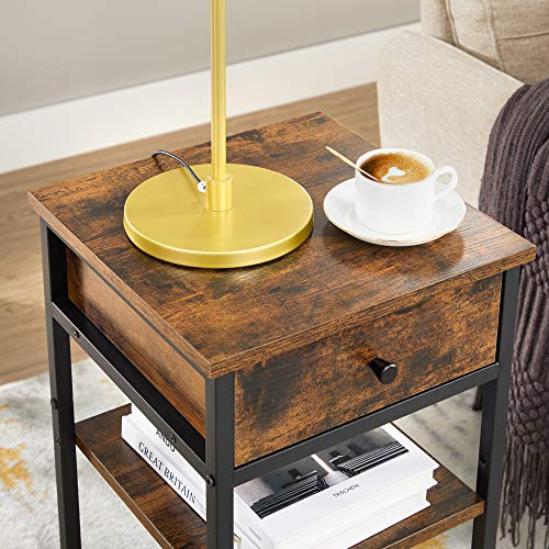 VASAGLE-Table-de-Chevet-Bout-de-canap-Table-dappoint-Table-de-Nuit-Haute-avec-tiroir-et-2-tagres-de-Rangement-Peu-encombrante-Style-Industriel-Marron-Rustique-et-Noir-LET502B01-0-2