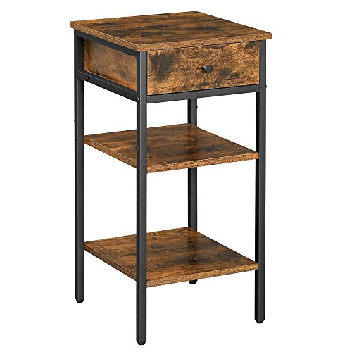 VASAGLE-Table-de-Chevet-Bout-de-canap-Table-dappoint-Table-de-Nuit-Haute-avec-tiroir-et-2-tagres-de-Rangement-Peu-encombrante-Style-Industriel-Marron-Rustique-et-Noir-LET502B01-0