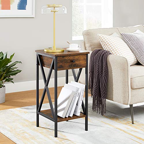 VASAGLE-Table-de-Chevet-Bout-de-canap-Table-dappoint-Table-de-Nuit-Haute-avec-tiroir-et-tagre-de-Rangement-Style-Industriel-Marron-Rustique-et-Noir-LET501B01-0-0