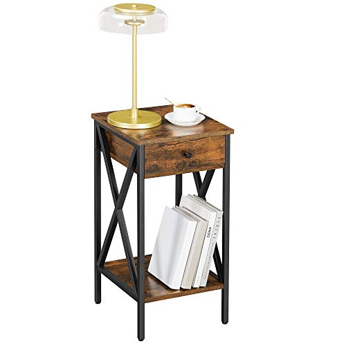 VASAGLE-Table-de-Chevet-Bout-de-canap-Table-dappoint-Table-de-Nuit-Haute-avec-tiroir-et-tagre-de-Rangement-Style-Industriel-Marron-Rustique-et-Noir-LET501B01-0-1