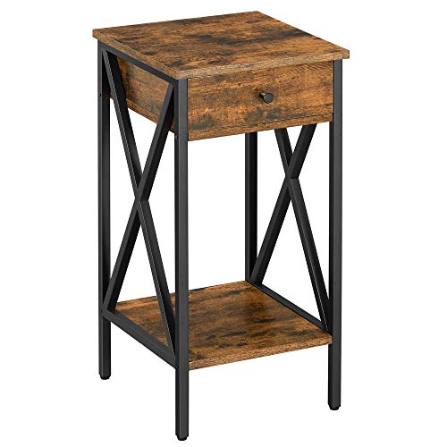 VASAGLE-Table-de-Chevet-Bout-de-canap-Table-dappoint-Table-de-Nuit-Haute-avec-tiroir-et-tagre-de-Rangement-Style-Industriel-Marron-Rustique-et-Noir-LET501B01-0