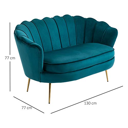 HOMCOM-Canap-2-Places-Coquillage-canap-Design-dim-130L-x-77l-x-77H-cm-Pieds-dors-effils-Velours-Bleu-Canard-0-1