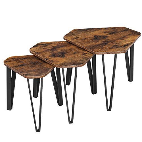 VASAGLE-Tables-gigognes-Lot-de-3-Tables-dappoint-Bouts-de-canap-pour-Salon-empilable-Robuste-Assemblage-Facile-Structure-en-Acier-Style-Industriel-Marron-Rustique-et-Noir-LNT14BX-0