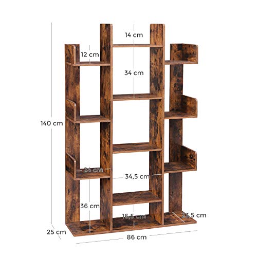 VASAGLE-Bibliothque-Arbre-tagre--13-Compartiments-Meuble-de-Rangement-86-x-25-x-140-cm-avec-Coins-arrondis-et-rebords-Marron-Rustique-LBC67BXV1-0-0