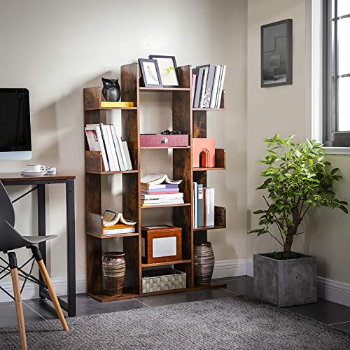 VASAGLE-Bibliothque-Arbre-tagre--13-Compartiments-Meuble-de-Rangement-86-x-25-x-140-cm-avec-Coins-arrondis-et-rebords-Marron-Rustique-LBC67BXV1-0-1