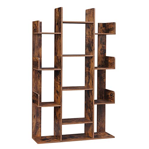 VASAGLE-Bibliothque-Arbre-tagre--13-Compartiments-Meuble-de-Rangement-86-x-25-x-140-cm-avec-Coins-arrondis-et-rebords-Marron-Rustique-LBC67BXV1-0