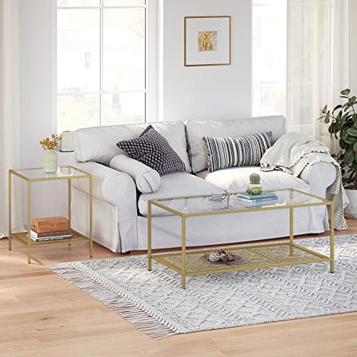 VASAGLE-Table-dappoint--2-Niveaux-Bout-de-canap-avec-Dessus-en-Verre-tagre-en-Maille-Cadre-en-mtal-Stable-pour-Chambre-Salon-Dor-et-Transparent-LGT030A01-0-1