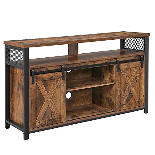 VASAGLE-Meuble-TV-Support-tl-avec-Portes-coulissantes-Imitation-Grange-pour-tlviseurs-jusqu-60-Pouces-tagre-rglable-pour-Console-et-Box-Style-Industriel-Marron-Rustique-et-Noir-LTV46BX-0