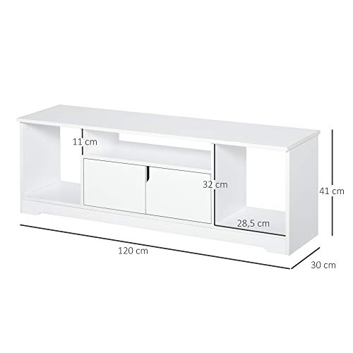 HOMCOM-Meuble-TV-Banc-TV-Design-Contemporain-3-niches-Placard-Double-Porte-dim-120L-x-30l-x-41H-cm-Panneaux-Particules-Blanc-0-1