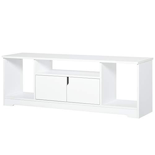 HOMCOM-Meuble-TV-Banc-TV-Design-Contemporain-3-niches-Placard-Double-Porte-dim-120L-x-30l-x-41H-cm-Panneaux-Particules-Blanc-0