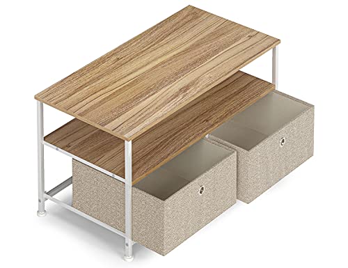 Table-Basse-Petite-Table-Dappoint-Table-a-Cafe-avec-2-Tiroir-et-1-tagres-Rectangulaire-Meuble-de-Rangement-Metallique-pour-Salon-Design-Moderne-Pieds-Rglables-BoisAcier-0-2