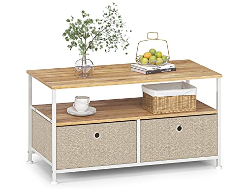 Table-Basse-Petite-Table-Dappoint-Table-a-Cafe-avec-2-Tiroir-et-1-tagres-Rectangulaire-Meuble-de-Rangement-Metallique-pour-Salon-Design-Moderne-Pieds-Rglables-BoisAcier-0