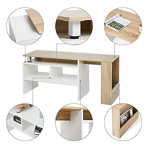 Meerveil-Meuble-TV-Meuble-Tl-Extensible-et-Ajustable-Bois-Scandinaves-pour-Salon-160-x35-x50-cm-Blanc-et-Chne-0-0