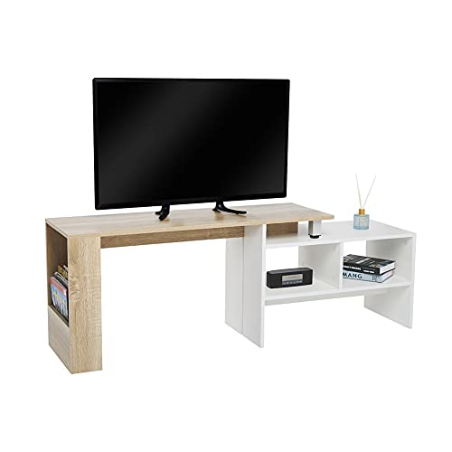 Meerveil-Meuble-TV-Meuble-Tl-Extensible-et-Ajustable-Bois-Scandinaves-pour-Salon-160-x35-x50-cm-Blanc-et-Chne-0
