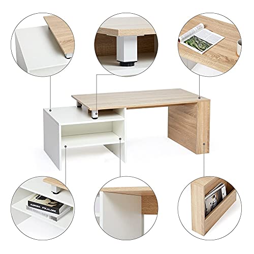 Meerveil-Table-Basse-Table-dAppoint-Extensible-Ajustable-Scandinaves-pour-Salon-140x55x45-cm-Blanc-et-Chne-0-0