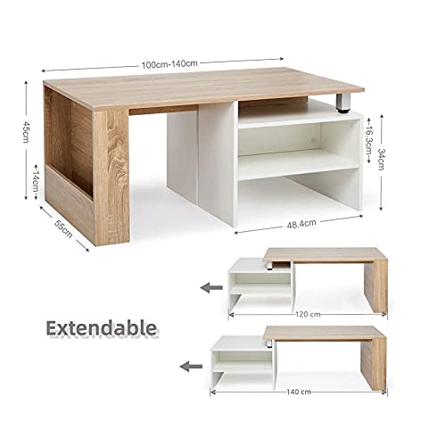 Meerveil-Table-Basse-Table-dAppoint-Extensible-Ajustable-Scandinaves-pour-Salon-140x55x45-cm-Blanc-et-Chne-0-2