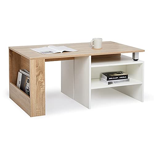 Meerveil-Table-Basse-Table-dAppoint-Extensible-Ajustable-Scandinaves-pour-Salon-140x55x45-cm-Blanc-et-Chne-0