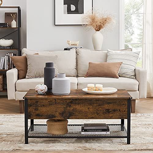 VASAGLE-Table-Basse-Table-de-Salon-avec-Dessus-Rabattable-Compartiment-Ferm-et-tagre-Grillage-Cadre-en-Mtal-Style-Industriel-100-x-55-x-47-cm-Marron-Rustique-et-Noir-LCT230B01-0-0