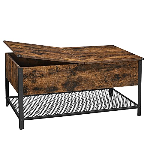 VASAGLE-Table-Basse-Table-de-Salon-avec-Dessus-Rabattable-Compartiment-Ferm-et-tagre-Grillage-Cadre-en-Mtal-Style-Industriel-100-x-55-x-47-cm-Marron-Rustique-et-Noir-LCT230B01-0
