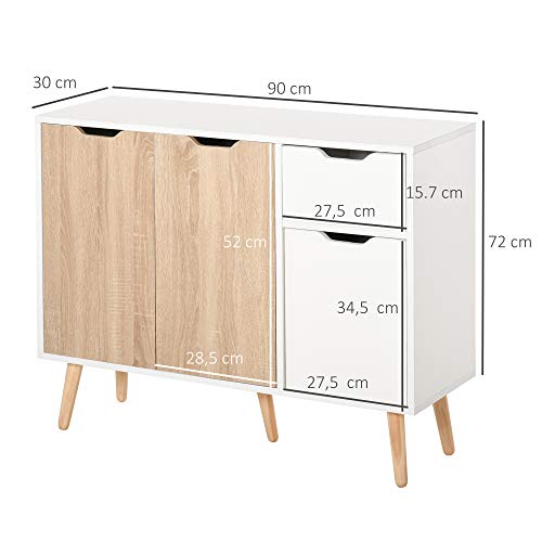 Buffet-design-scandinave-2-placards-tiroir-coulissant-pieds-bois-massif-pin-panneaux-particules-blanc-chne-clair-0-1