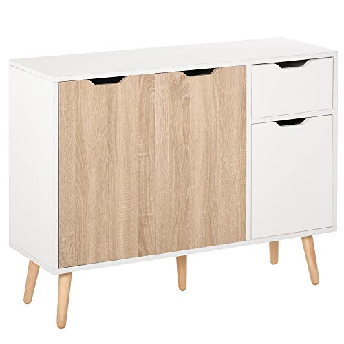 Buffet-design-scandinave-2-placards-tiroir-coulissant-pieds-bois-massif-pin-panneaux-particules-blanc-chne-clair-0