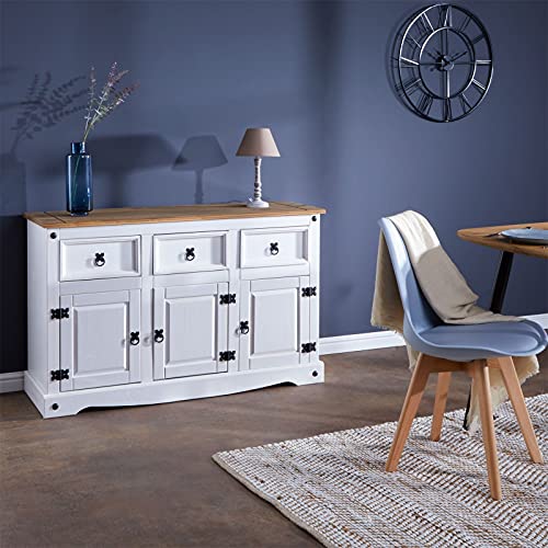 IDIMEX-Buffet-Campo-Commode-bahut-vaisselier-en-pin-Massif-Blanc-et-Brun-avec-3-tiroirs-et-3-Portes-Meuble-de-Rangement-Style-Mexicain-en-Bois-dim-125-x-76-x-40-cm-0-0